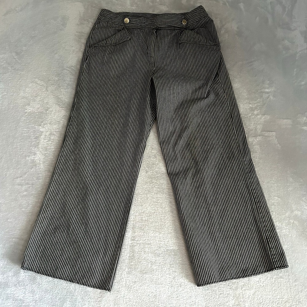Larry Levine Wide Leg Pants Sz12 Black Pinstripe 100% Cotton Sailor Classic Chic
